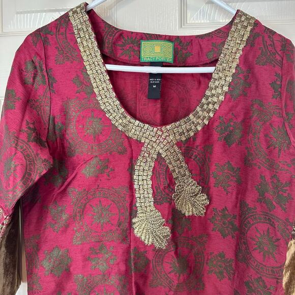 Tracy Porter Women’s Boho Brocade Tunic Top Burgundy Gold Size M Embellished - Picture 3 of 8